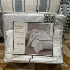 Morris & Co. 100% Cotton White and Green 3 Piece Queen Duvet Set